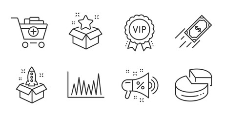 Startup, Add products and Sale megaphone line icons set. Vip award, Loyalty program and Pie chart signs. Line graph, Fast payment symbols. Innovation, Shopping cart, Shopping. Finance set. Vector