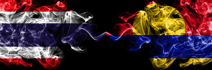 Thailand, Thai vs United States of America, America, US, USA, American, Palmyra Atoll smoky mystic flags placed side by side. Thick colored silky abstract smokes flags.