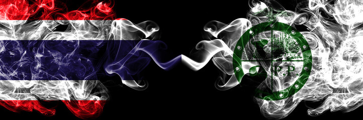 Thailand, Thai vs United States of America, America, US, USA, American, Pee Pee Township, Ohio smoky mystic flags placed side by side. Thick colored silky abstract smokes flags.