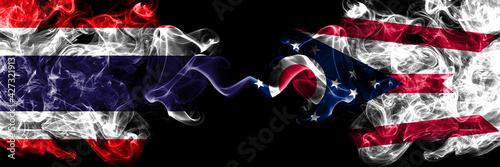 Thailand, Thai vs United States of America, America, US, USA, American, Ohio smoky mystic flags placed side by side. Thick colored silky abstract smokes flags.