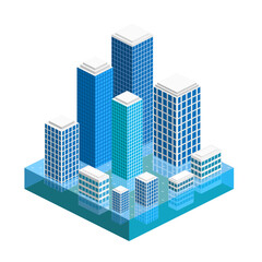 The skyscraper city is flooded with water in isometric view. Flood, global warming, natural disaster. The city is under water.