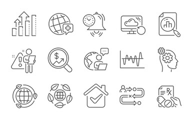 Time management, World medicine and Journey path line icons set. Prescription drugs, Recovery cloud and Currency audit signs. Analytics graph, Thoughts and Analysis graph symbols. Vector