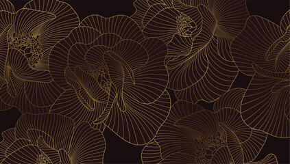 Peonies line art burgundy background. Luxury gold Floral design. Pattern with marsala colored Flowers for prints, banner, fabric, poster, cover, wedding invitation, greeting card. Vector illustration
