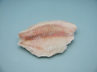 Raw frozen tilapia fish fillet on a blue background. One piece.