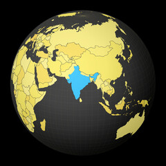 Fototapeta premium India on dark globe with yellow world map. Country highlighted with blue color. Satellite world projection centered to India. Awesome vector illustration.