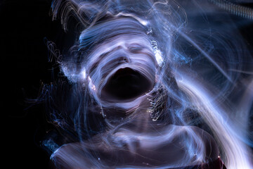lightpainting portrait, new art direction, long exposure photo without photoshop, light drawing at...