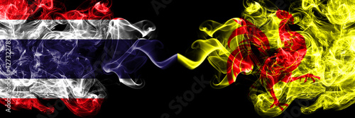 Thailand, Thai vs Wallonia smoky mystic flags placed side by side. Thick colored silky abstract smokes flags.