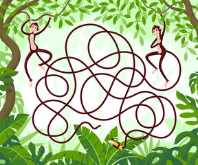 Two monkeys with long tails hang from vines in the jungle. Guess which monkey grabbed a banana with its tail? Children's puzzle with a maze.