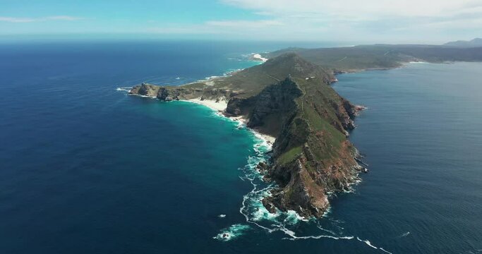 Aerial shot of the Cape Of Good Hope and Cape Point where Indian, South and Atlantic Oceans meet.