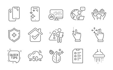 5g cloud, Dirty water and Checklist line icons set. Report statistics, Move gesture and Smartphone clean signs. Ranking, Smartphone and Medical shield symbols. Line icons set. Vector