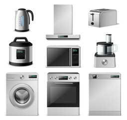 3d kitchen appliance. Realistic metal household electric machinery, steel color washing machine, closed dishwasher, cooker hood. Toaster and kettle, multicooker and juicer vector set