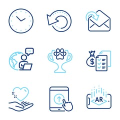 Business icons set. Included icon as Receive mail, Augmented reality, Accounting wealth signs. Recovery data, Hold heart, Winner cup symbols. Time, Swipe up line icons. Line icons set. Vector