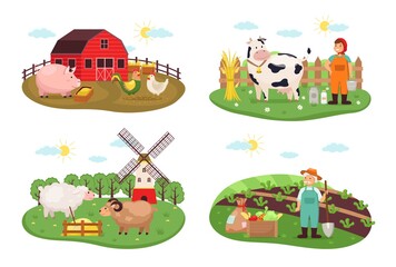 Farm scenes. Rural nature farming and animal husbandry, agricultural compositions with growers man and woman, poultry yard, milk and vegetables harvest. Countryside vector concept