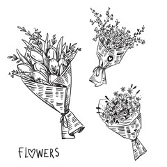 vector black and white line drawing of flower bouquets wrapped in newspaper - 427324529