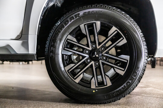 Moscow, Russia - February 17, 2021: All new Mitsubishi Pajero Sport. Details. Closeup of