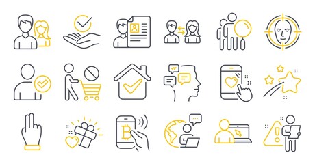 Fototapeta na wymiar Set of People icons, such as Stop shopping, Job interview, Online education symbols. Approved, Search people, Bitcoin pay signs. People communication, Couple, Face detect. Love gift. Vector