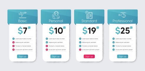 Parking payment, Departure plane and Delivery service line icons set. Price table chart, business plan template. Helicopter sign. Paid garage, Airport transport, International parcel. Copter. Vector