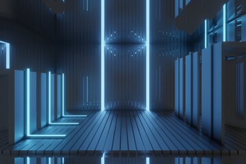 3d render, glowing lines, tunnel, neon lights, virtual reality, abstract background, square portal, arch, pink blue spectrum vibrant colors, laser show