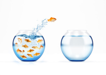 Red fish jumps from a full of fishes cruet to an empty one. concept of escape from crowd