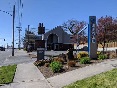 Snohomish, WA USA - circa April 2021: Street view of the drive thru banking area of a Chase bank.