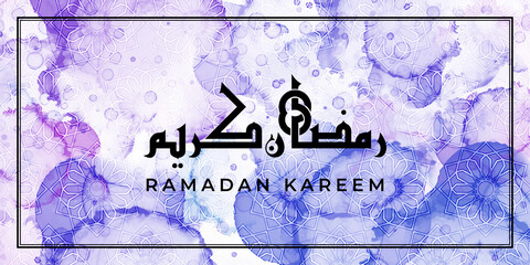 Liquid marble art design for Ramadan. Arabic words Ramadan Kareem means the Blessed month of fasting. Vector illustration. Banner or pano format.