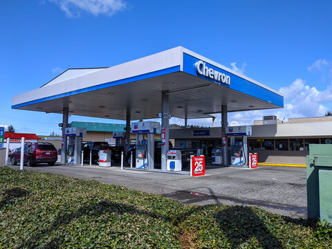 Woodinville, WA USA - circa April 2021: Angled view of a Chevron gas station on a bright, sunny day.