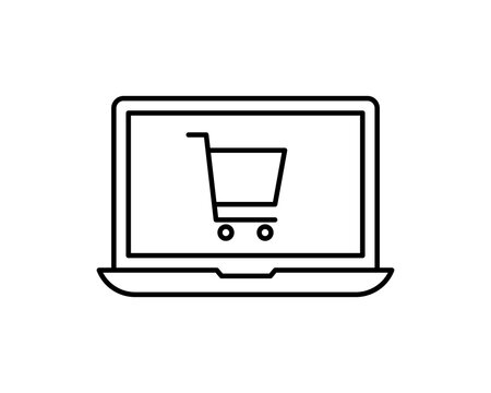 Computer display with shopping cart line icon, vector sign, linear style pictogram isolated on white. Online shoping basket symbol, logo illustration.