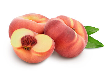 Ripe chinese flat peach fruit with leaf isolated on white background with clipping path and full...