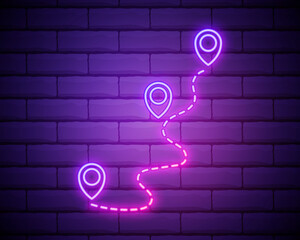 Glowing neon Route location icon isolated on brick wall background. Map pointer sign. Concept of path or road. GPS navigator. Vector Illustration.