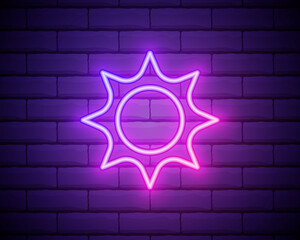 Sun pink glowing neon ui ux icon. Glowing sign logo vector isolated on brick wall backogrund.