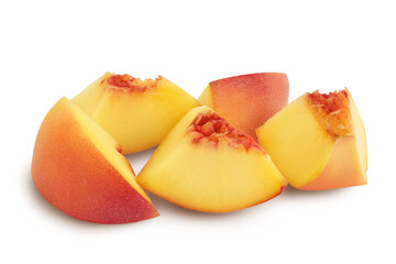 Ripe peach slices isolated on white background with clipping path and full depth of field
