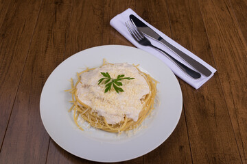 Pasta with bechamel sauce with grated cheese and parsley leaves. Gastronomy of pastes. Photography with centralized elements.