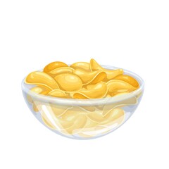Bowl of potato chips vector illustration. Crispy snack, potato product.