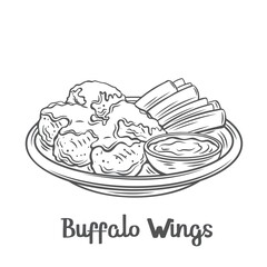 Buffalo Wings outline vector icon. Drawn roasted chicken wings with celery stalks on a platter and sauce.