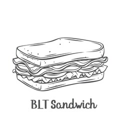 Fototapeta premium BLT sandwich with bacon, lettuce and tomato drawn outline vector illustration.