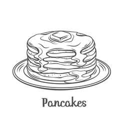 Pancakes with maple syrup outline vector illustration. Drawn baking crepes with butter on plate. Breakfast concept.