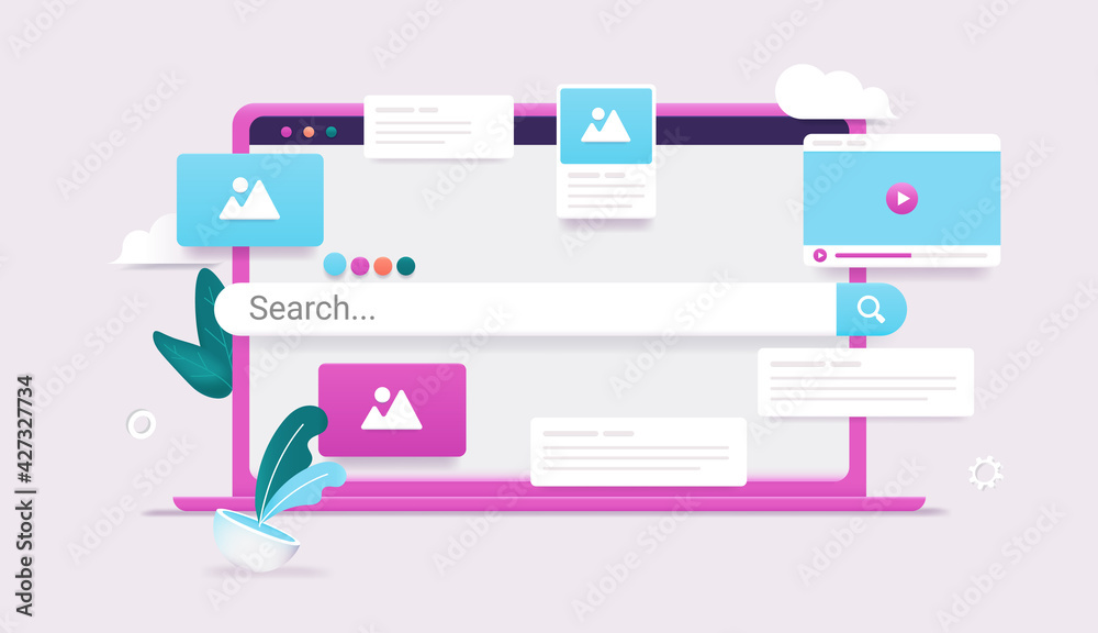Aufkleber Laptop computer with search engine on screen - Search bar, images, video and information popping out in colourful modern 3d vector illustration.