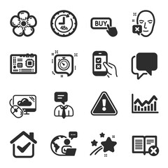 Set of Business icons, such as Reject book, Motherboard, 48 hours symbols. Natural linen, Cloud computing, Talk bubble signs. Support service, Buy button, Timer. Infochart, Mobile survey. Vector