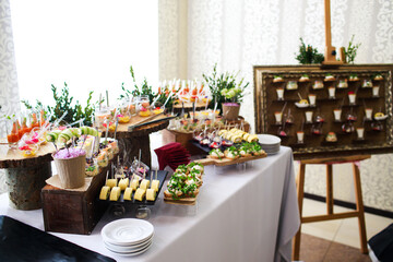 Delicious snacks at the banquet. Catering on banquet.