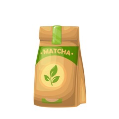 Matcha tea powder in kraft paper packaging with tea leaf vector illustration