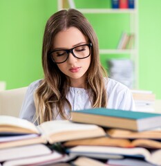 Young female student preparing for exams with many books