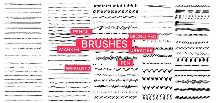 Set of artistic pen brushes. Vintage doodle underlines. Hand drawn grunge strokes. Scribble marker borders, sketch underlines
