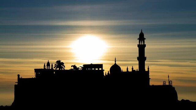 Sufi Shrine of Pir Haji Ali Shah Bukhari, Time Lapse at Sunset with Colorful Clouds, Mumbai, India