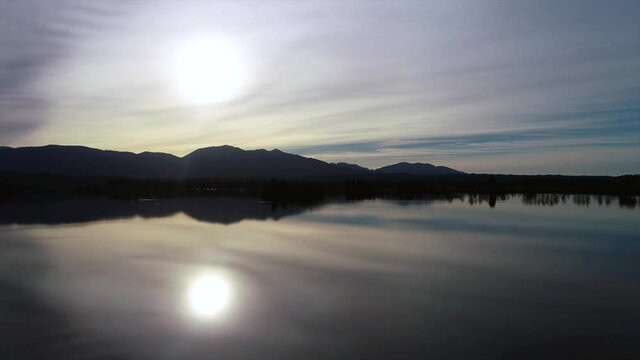 drones flight sunset over Bavarian lake