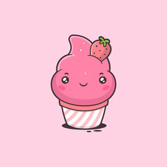 Cute kawaii strawberry ice cream mascot character cartoon illustration