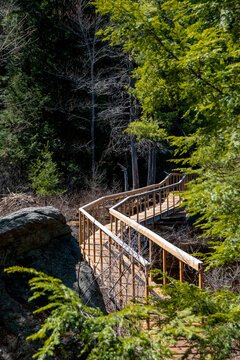 A wooden bridge connects two sections of hiking trail through the forest of Hardy Lake Provincial Park near Gravenhurst in the Muskoka region of Ontario on a beautiful sunny day.