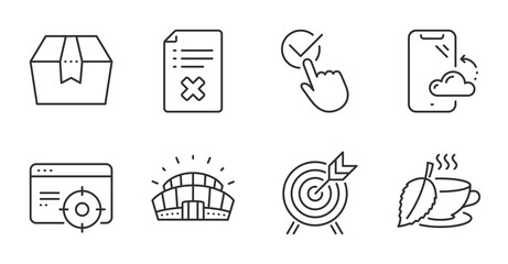 Archery, Reject file and Checkbox line icons set. Seo targeting, Package box and Sports stadium signs. Smartphone cloud, Mint tea symbols. Attraction park, Decline agreement, Approved. Vector