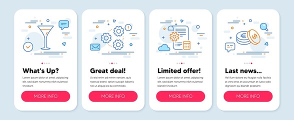 Set of Business icons, such as Gears, Settings blueprint, Martini glass symbols. Mobile app mockup banners. Savings line icons. Work process, Report document, Wine. Cash coins. Gears icons. Vector