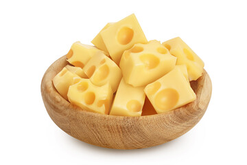 cubes of cheese in wooden bowl isolated on white background with clipping path and full depth of field