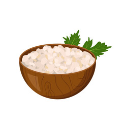 Wooden plate with cottage cheese and a sprig of parsley. Curd icon. A source of vitamin A. Healthy food and breakfast. Farm product.